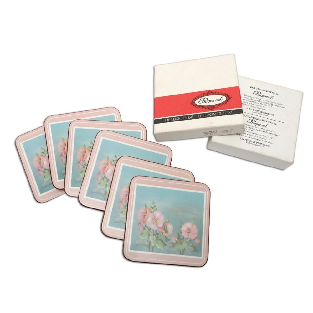 Vintage Pimpernel Acrylic Cork Coasters Mauve Blue Floral Made in England x 6